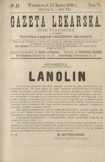 Gazeta Lekarska : pismo tygodniowe poświęcone wszystkim gałęziom umiejętności lekarskich 1886 Ser. II R. 21 T. 6 nr 11