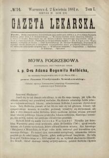 Gazeta Lekarska : pismo tygodniowe poświęcone wszystkim gałęziom umiejętności lekarskich 1881 Ser. II R. 16 T. 1 nr 14