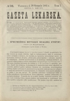 Gazeta Lekarska : pismo tygodniowe poświęcone wszystkim gałęziom umiejętności lekarskich 1881 Ser. II R. 16 T. 1 nr 34