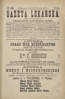 Gazeta Lekarska : pismo tygodniowe poświęcone wszystkim gałęziom umiejętności lekarskich 1889 Ser. II R. 24 T. 9 nr 39