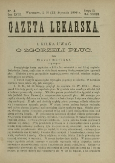 Gazeta Lekarska : pismo tygodniowe poświęcone wszystkim gałęziom umiejętności lekarskich 1898 Ser. II R. 33 T. 18 nr 4