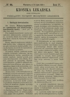 Kronika Lekarska : pismo poświęcone przeglądowi postępów umiejętności lekarskich 1883 R. 4 nr 14