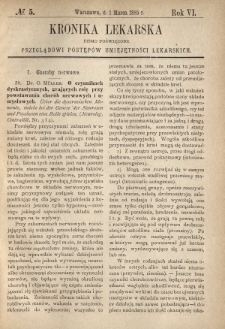 Kronika Lekarska : pismo poświęcone przeglądowi postępów umiejętności lekarskich 1885 R. 6 nr 5