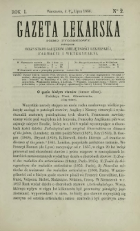 Gazeta Lekarska : pismo tygodniowe poświęcone wszystkim gałęziom umiejętności lekarskiej, farmacyi i weterynaryi 1866 R. 1 T. 1 nr 2