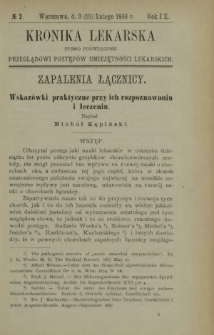 Kronika Lekarska : pismo poświęcone przeglądowi postępów umiejętności lekarskich 1888 R. 9 nr 2