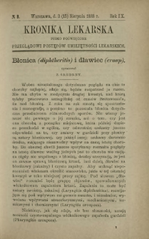 Kronika Lekarska : pismo poświęcone przeglądowi postępów umiejętności lekarskich 1888 R. 9 nr 8