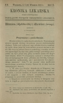 Kronika Lekarska : pismo poświęcone przeglądowi postępów umiejętności lekarskich 1888 R. 9 nr 9