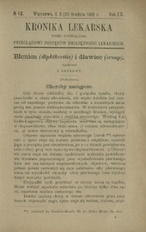 Kronika Lekarska : pismo poświęcone przeglądowi postępów umiejętności lekarskich 1888 R. 9 nr 12