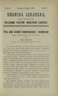 Kronika Lekarska : pismo poświęcone przeglądowi postępów umiejętności lekarskich 1894 R. 15 z. 8