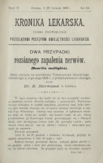 Kronika Lekarska : pismo poświęcone przeglądowi postępów umiejętności lekarskich 1898 R. 19 z. 12