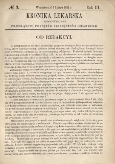 Kronika Lekarska : pismo poświęcone przeglądowi postępów umiejętności lekarskich 1882 R. 3 nr 3