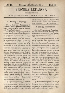 Kronika Lekarska : pismo poświęcone przeglądowi postępów umiejętności lekarskich 1882 R. 3 nr 19