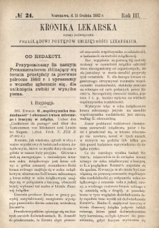 Kronika Lekarska : pismo poświęcone przeglądowi postępów umiejętności lekarskich 1882 R. 3 nr 24