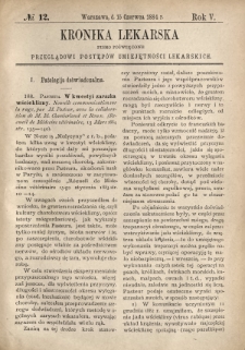 Kronika Lekarska : pismo poświęcone przeglądowi postępów umiejętności lekarskich 1884 R. 5 nr 12