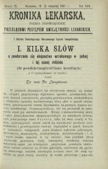Kronika Lekarska : pismo poświęcone przeglądowi postępów umiejętności lekarskich 1901 R. 22 z. 15