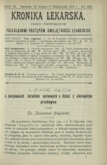 Kronika Lekarska : pismo poświęcone przeglądowi postępów umiejętności lekarskich 1901 R. 22 z. 19