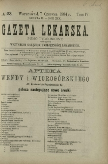 Gazeta Lekarska : pismo tygodniowe poświęcone wszystkim gałęziom umiejętności lekarskich 1884 Ser. II R. 19 T. 4 nr 23