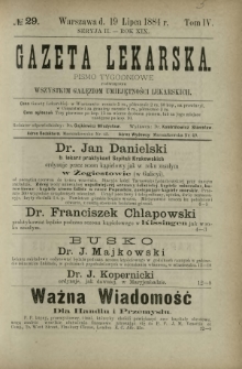 Gazeta Lekarska : pismo tygodniowe poświęcone wszystkim gałęziom umiejętności lekarskich 1884 Ser. II R. 19 T. 4 nr 29