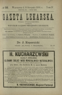 Gazeta Lekarska : pismo tygodniowe poświęcone wszystkim gałęziom umiejętności lekarskich 1884 Ser. II R. 19 T. 4 nr 33