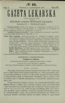 Gazeta Lekarska : pismo tygodniowe poświęcone wszystkim gałęziom umiejętności lekarskiej, farmacyi i weterynaryi 1868 R. 2 T. 4 nr 43