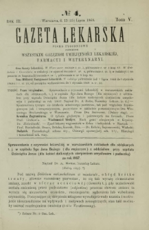 Gazeta Lekarska : pismo tygodniowe poświęcone wszystkim gałęziom umiejętności lekarskiej, farmacyi i weterynaryi 1868 R. 3 T. 5 nr 4