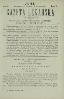 Gazeta Lekarska : pismo tygodniowe poświęcone wszystkim gałęziom umiejętności lekarskiej, farmacyi i weterynaryi 1868 R. 3 T. 5 nr 24