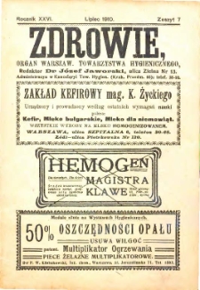 Zdrowie : miesięcznik poświęcony hygienie publicznej i prywatnej. 1910 T. 26 nr 7