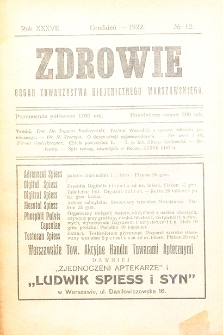 Zdrowie: miesięcznik poświęcony hygienie publicznej i prywatnej 1922. T. 37 Nr 12