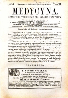 Medycyna czasopismo tygodniowe dla lekarzy praktycznych 1883 T. XI nr 6
