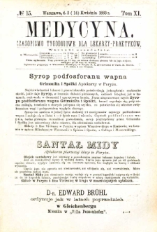 Medycyna czasopismo tygodniowe dla lekarzy praktycznych 1883 T. XI nr 15