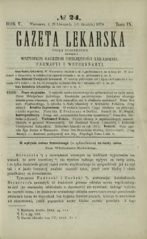 Gazeta Lekarska : pismo tygodniowe poświęcone wszystkim gałęziom umiejętności lekarskiej, farmacyi i weterynaryi 1870 R. 5 T. 9 nr 24