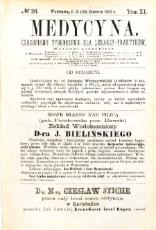 Medycyna czasopismo tygodniowe dla lekarzy praktycznych 1883 T. XI nr 26