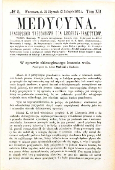 Medycyna czasopismo tygodniowe dla lekarzy praktycznych 1884 T. XII nr 5