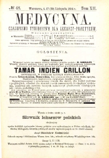 Medycyna czasopismo tygodniowe dla lekarzy praktycznych 1884 T. XII nr 48