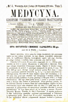 Medycyna czasopismo tygodniowe dla lekarzy praktycznych. 1873 T. I nr 5