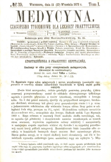 Medycyna czasopismo tygodniowe dla lekarzy praktycznych. 1873 T. I nr 39