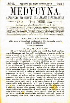 Medycyna czasopismo tygodniowe dla lekarzy praktycznych. 1873 T. I nr 47