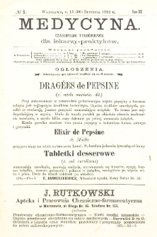 Medycyna czasopismo tygodniowe dla lekarzy praktycznych 1892 T.XX nr 5