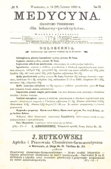 Medycyna czasopismo tygodniowe dla lekarzy praktycznych 1892 T.XX nr 9