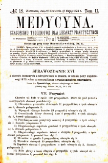 Medycyna czasopismo tygodniowe dla lekarzy praktycznych. 1874 T. II nr 18