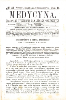 Medycyna czasopismo tygodniowe dla lekarzy praktycznych. 1874 T. II nr 32