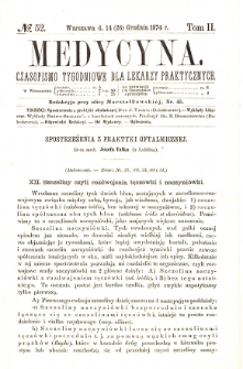 Medycyna czasopismo tygodniowe dla lekarzy praktycznych. 1874 T. II nr 52
