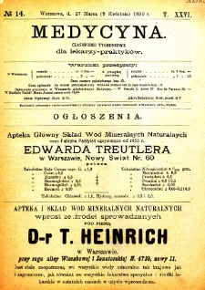 Medycyna czasopismo tygodniowe dla lekarzy praktycznych 1899 T. XXVI nr 14
