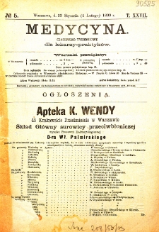 Medycyna czasopismo tygodniowe dla lekarzy praktycznych 1899 T. XXVII nr 5