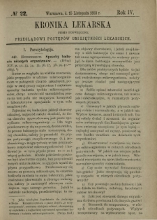 Kronika Lekarska : pismo poświęcone przeglądowi postępów umiejętności lekarskich 1883 R. 4 nr 22