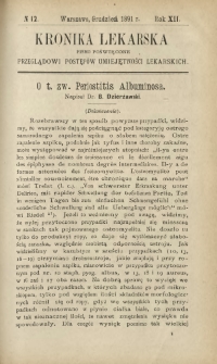 Kronika Lekarska : pismo poświęcone przeglądowi postępów umiejętności lekarskich 1891 R. 12 nr 12