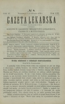 Gazeta Lekarska : pismo tygodniowe poświęcone wszystkim gałęziom umiejętności lekarskich, farmacyi i weterynaryi 1876 R. 11 T. 21 nr 8