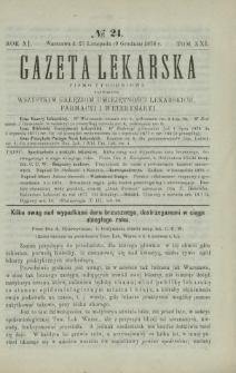 Gazeta Lekarska : pismo tygodniowe poświęcone wszystkim gałęziom umiejętności lekarskich, farmacyi i weterynaryi 1876 R. 11 T. 21 nr 24