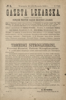 Gazeta Lekarska : pismo tygodniowe poświęcone wszystkim gałęziom umiejętności lekarskich 1888 ; spis treści rocznika XXIII Ser. II R. 23 T. 8 nr 4