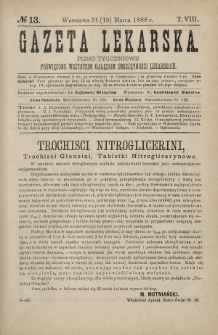 Gazeta Lekarska : pismo tygodniowe poświęcone wszystkim gałęziom umiejętności lekarskich 1888 ; spis treści rocznika XXIII Ser. II R. 23 T. 8 nr 13